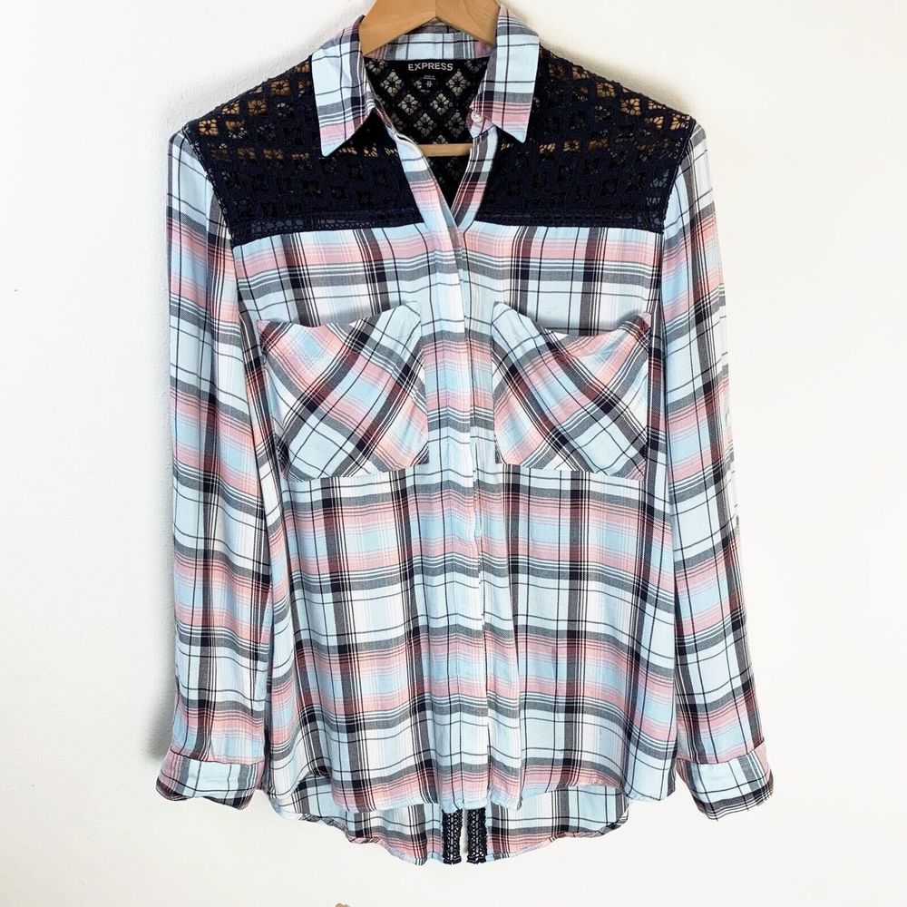 Express Womens Plaid Crochet Button Front Up Shirt XS Split Back Long Sleeve Top
